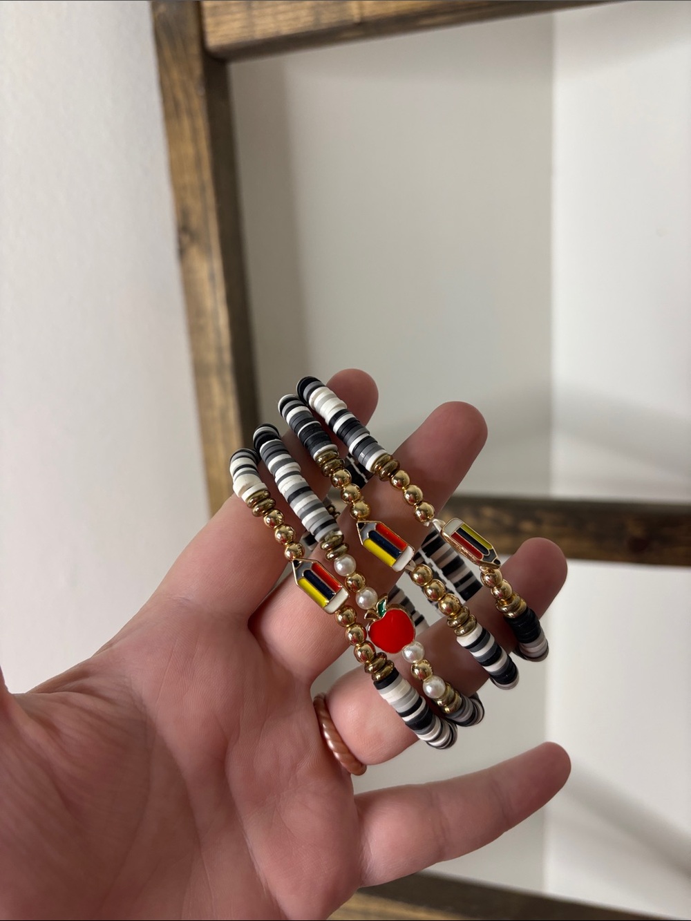 Black & White Striped Beaded Teacher Bracelet Set with Gold Accents